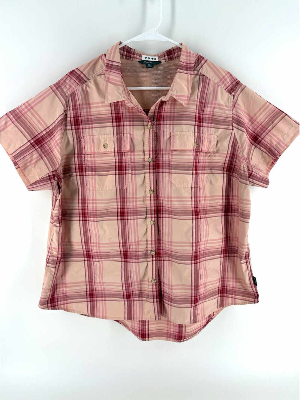 Eddie Bauer Women's Plaid Collared Short Sleeve Button Up Shirt Pink XXL
